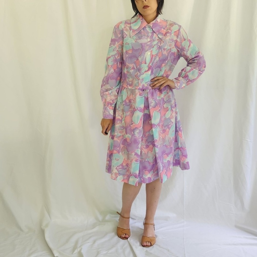 60s/70s Pink, Purple, and Blue Dagger Collar Dress‎